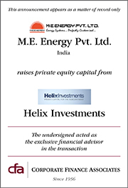Helix Investments has taken a significant minority stake in M.E Energy Pvt. Ltd. Helix Investments has taken a significant minority stake in M.E Energy Pvt. Ltd.