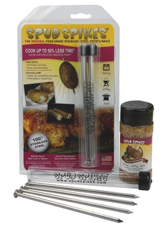 Spud Spikes, The Original 6-Inch Food-Grade Stainless Steel Potato Nails reduces the potato's cooking time up to 50% & our Seasoning helps achieve a delicious, crispy, zesty-flavored potato skin. Spud Spikes, The Original 6-Inch Food-Grade Stainless Steel Potato Nails reduces the potato's cooking time up to 50% & our Seasoning helps achieve a delicious, crispy, zesty-flavored potato skin.