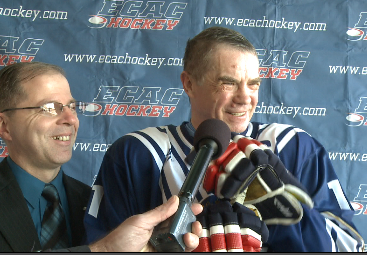 ECAC Commissioner Steve Hagwell (left) with KHL President Alexander Medvedev (right)