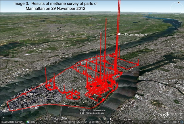 Measurements taken on 11/29/12. Red line height (curtain) indicates ambient air methane levels (in ppm) 1 foot above the road along the survey course. Labeled peaks are methane levels (in ppm). 