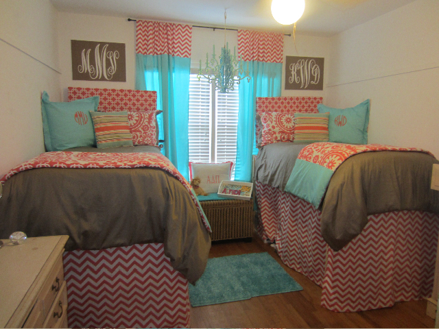 Tiffany Blue and Coral Custom Dorm Room Bedding