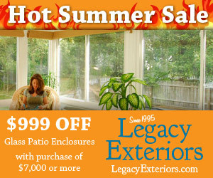 Save $999 off patio covers, patio glass enclosures and screened–in porches