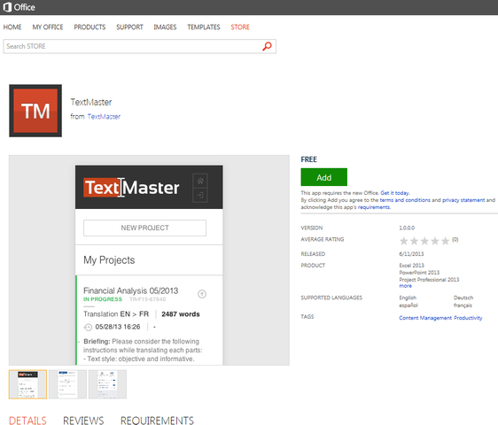TextMaster translation and proofreading app can be downloaded directly from the Office Store