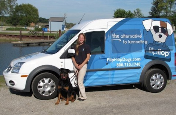 Flip Flop Dogs will pick up your dog from home in the doggie bus, and deliver him or her to their companion's home.