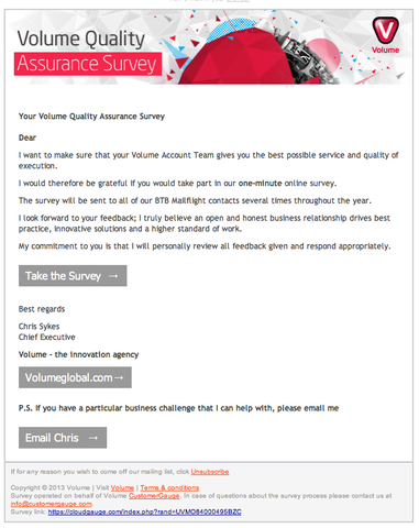 Sample introduction email to Volume's B2B Net Promoter survey. 