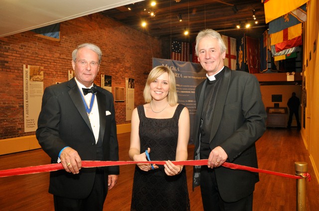 Opening Magna Carta exhibit. (l-r) Charles C. Lucas, MD, President and Suzanne Prabucki Curator of Fraunces Tavern Museum with The Very Reverend Philip Buckler, Dean of Lincoln Cathedral.
