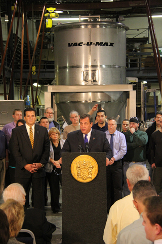 Gov. Chris Christie speaks at VAC-U-MAX in Belleville, NJ