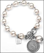 S Initial - Silver Plated Coin & Cotton Pearl 7 1/4 Inch Bracelet by John Wind - Item JW1069