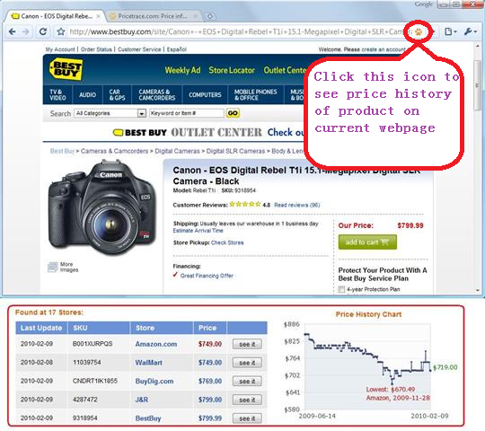 With the PriceTrace addon installed on Chrome browser, Product Price Comparison and Price History can now be seen in 1-Click