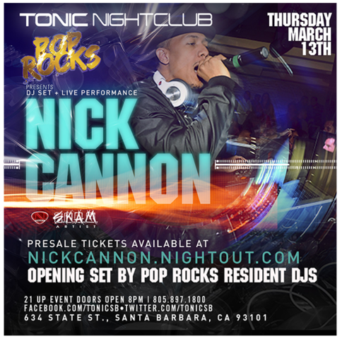 Tonic Nightclub is proud to present NICK CANNON hosting and performing this coming Thursday, March 13th for Tonic's weekly Pop Rocks Thursdays. 