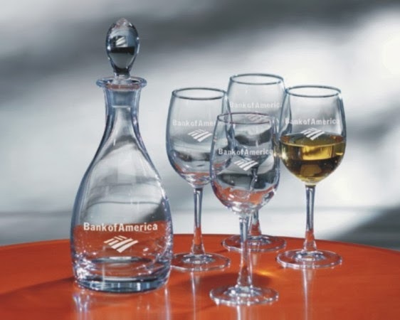 Handblown non-lead crystal decanter and machine-made wine glasses engraved with your logo, personalized text or custom logo.