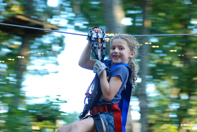 "Are we having fun yet?---YES!" A young climber enjoys one of the zip lines at The Adventure Park. (photo: Outdoor Ventures)
