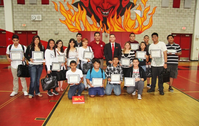 Sweetwater High Students after being presented with award certificates and laptops on April 11th