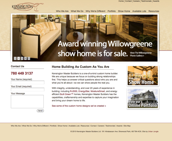 Website of Kensington Master Builders, an Edmonton Custom Home Builder.