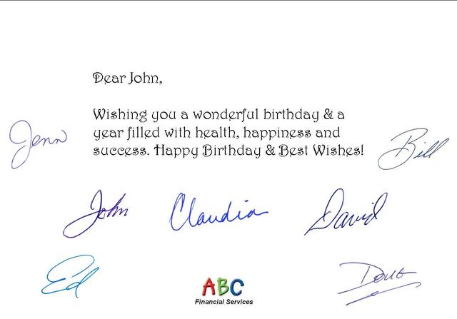 Sample Birthday Card with 7 signatures and 1 logo