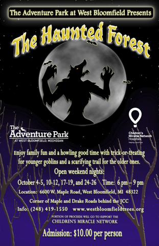 Frightful family fun ahead on weekend nights as The Adventure Park at West Bloomfield presents: THE HAUNTED FOREST.