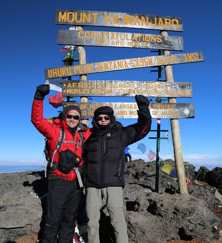 Jack and Robert Wheeler celebrating Robert Wheeler's world record attempt at the top of Mt. Kilimanjaro