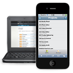 The mobile Projects module incorporates a complete set of tools to control and participate in projects outside office