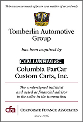 CFA Advises Tomberlin Automotive Group, Inc. in Sale to Columbia ParCar Custom Carts, Inc.