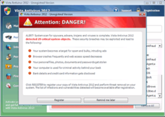 Windows Vista Antivirus 2012 pops up 'Attention - Danger' message with fake warnings