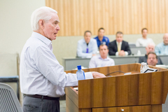 Former LA Dodgers General Manager and Executive Vice President Fred Claire speaking at Thomas Jefferson School of Law
