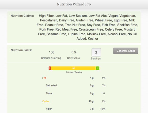 Nutrition results produced by Edamam's Nutrition Wizard Pro.