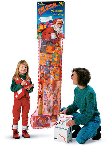 The Giant Christmas Stocking from Bagwell Promotions can be used as a retail traffic promotion or as a fund raiser.