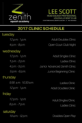 The full schedule of daily clinics Lee Scott will be coaching at Zenith Academy in 2017. Classes range from lower level to high intensity and last for at least an hour. 