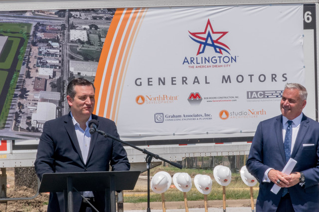 Senator Ted Cruz speaks at the groundbreaking ceremony for the General Motors Automotive Logistics Center in Arlington, Texas.