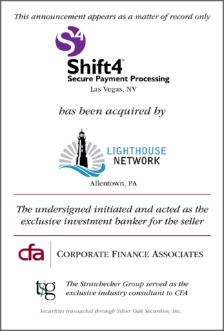 Corporate Finance Associates Advises Shift4 in Its Acquisition by Lighthouse Network