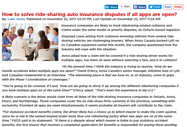 Shop Insurance says disputed cases arising from collisions involving vehicles from several ride-sharing vehicles are challenging insurers.