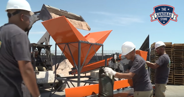 Burcham Bagger Sandbag Filling Machine - This high production setup will allow filling and closing of up to 900 sandbags per hour with a 4 man crew.