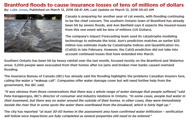 Aon Benfield says it expects the insured losses from Brantford floods to be in tens of millions of dollars.