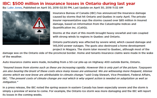 According to the Insurance Bureau of Canada (IBC), the insurance damage caused by storms that hit Ontario and Quebec in early April