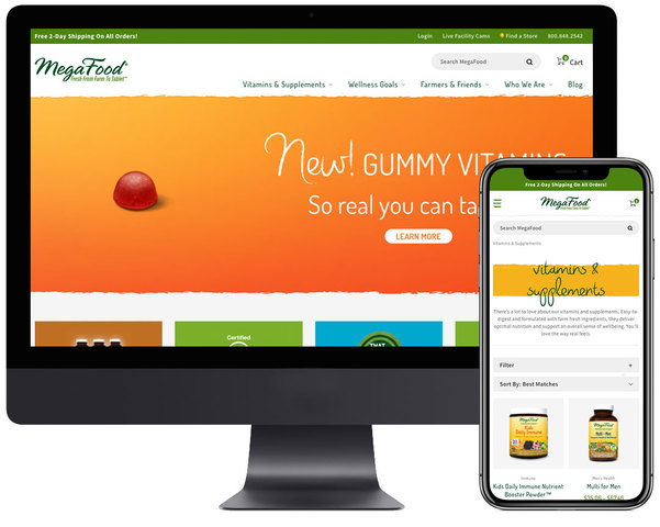 MegaFood homepage along with their vitamins & supplements catagory page on a mobile device.