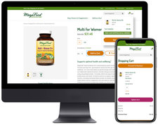 MegaFood product detail page along with the shopping cart on a mobile device.