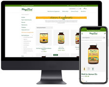 MegaFood's vitamins & supplements catagory page along with a product detail page on a mobile device.