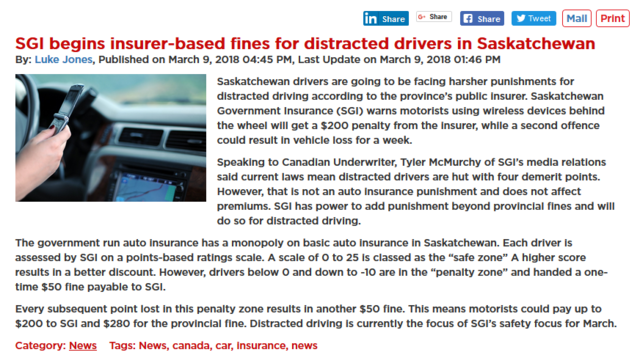 Saskatchewan Government Insurance (SGI) warns motorists using wireless devices behind the wheel will get a $200 penalty from the insurer...