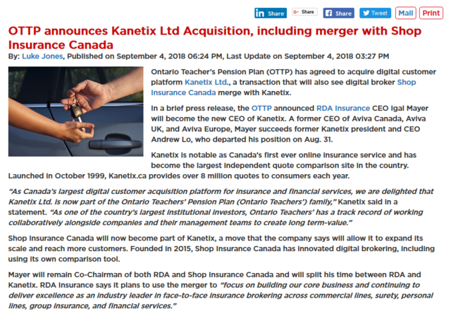 Shop Insurance Canada has announced it has merged with online comparison site Kanetix Ltd. The move is part of Ontario Teacher's Pension Plan (OTTP) agreeing to acquire Kanetix ...