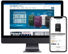 Samsonite homepage with product detail page on mobile.