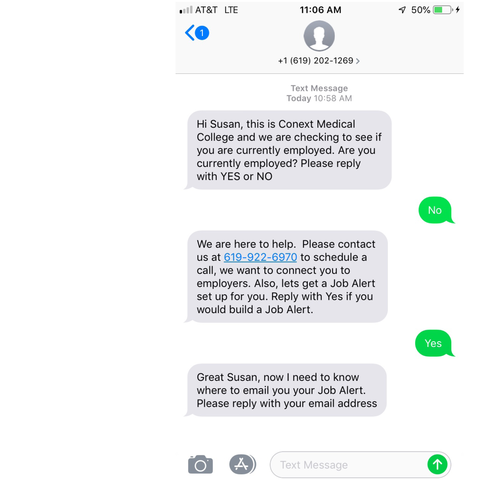 Automated text messages track graduate employment verification.