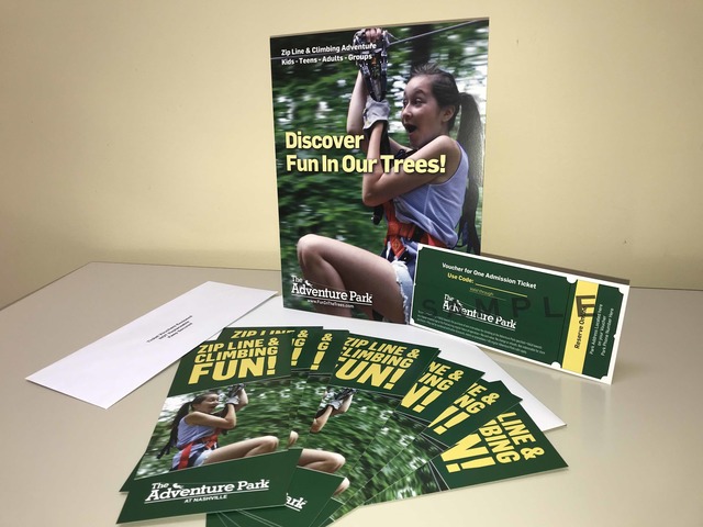 The Adventure Park provides a display kit for nonprofit fundraisers which includes a table poster, information cards, sample ticket and of course, the tickets themselves.