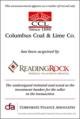 Corporate Finance Associates Advises Columbus Coal & Lime Company on Its Acquisition by Reading Rock