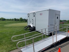 The Executive ADA Restroom Trailer is available exclusively through Moon Portable Restrooms and is the best restroom trailer available for those who want to make their next event inclusive to all. 