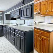 Before and after of kitchen cabinets painted with Heirloom Traditions' All-In-One Paint