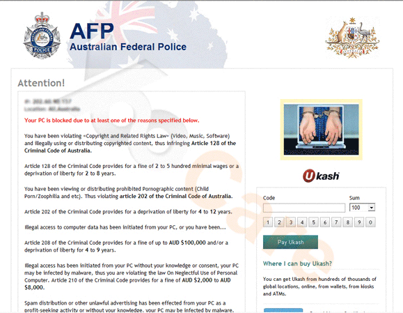 Australian Federal Police Ukash Virus is ransomware designed to scare you into believing the FBI is after you.