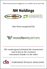 Corporate Finance Associates Closes Sale of NH Holdings to Woodlawn Partners