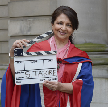 Sharmila Tagore accepting honorary doctorate for acting services in Bollywood.