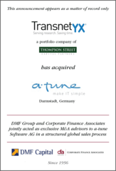 DMF Group and Corporate Finance Associates jointly advised leading research software company a-tune software AG on acqui…