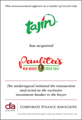 Corporate Finance Associates Advises Tajin International On Acquisition of Paulitas New Mexico 
